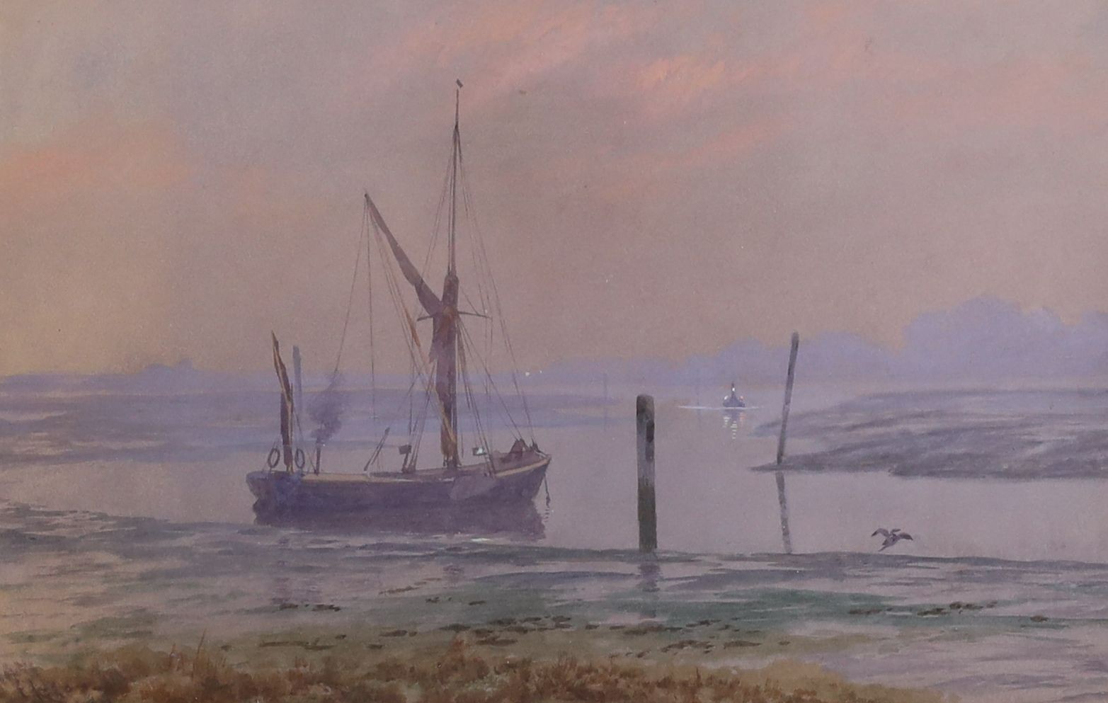 Martin Snape (1852-1930), watercolour, Sail barge on an estuary, signed, 19 x 28cm and a gouache of an estuary town, by another hand, 23 x 35cm